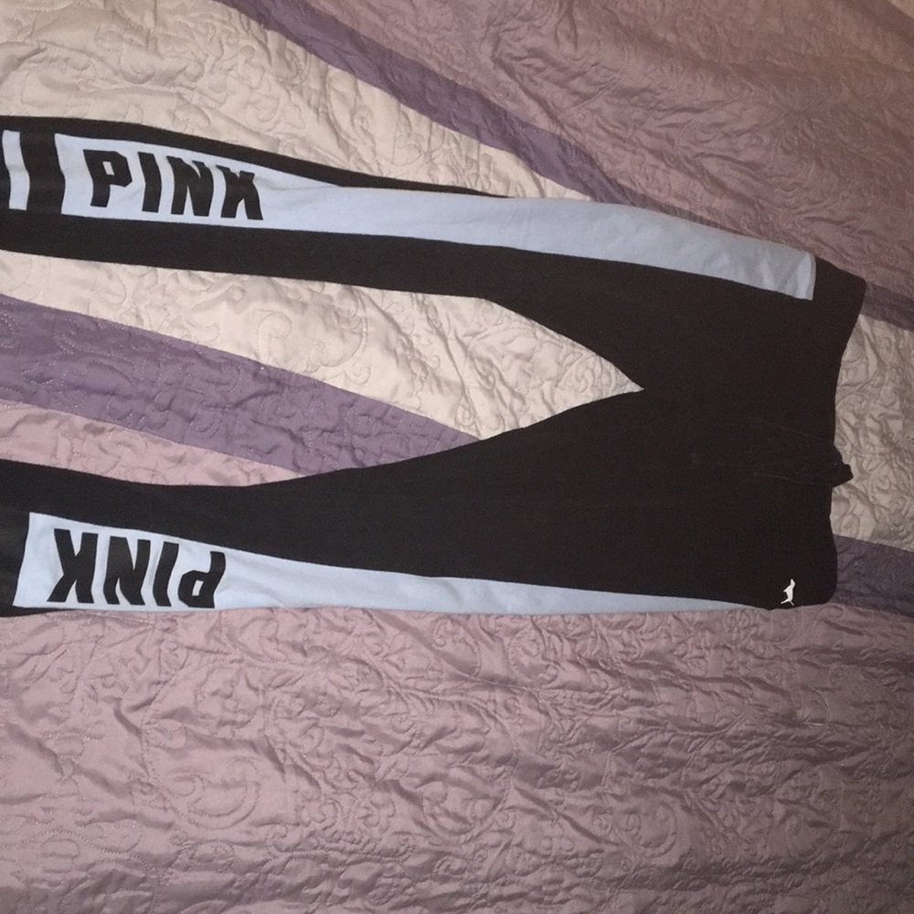 Pink baby blue black leggings.